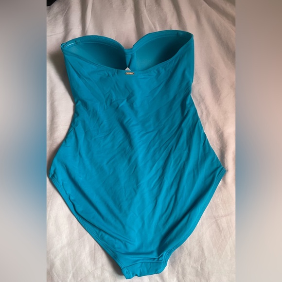 Anne Cole Ruched Turquoise Strapless One-Piece Swimsuit - Picture 4 of 5